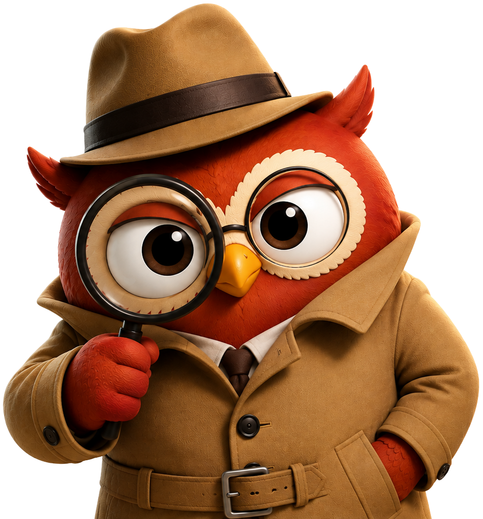 RedOwl Detective examining clues through a magnifying glass.